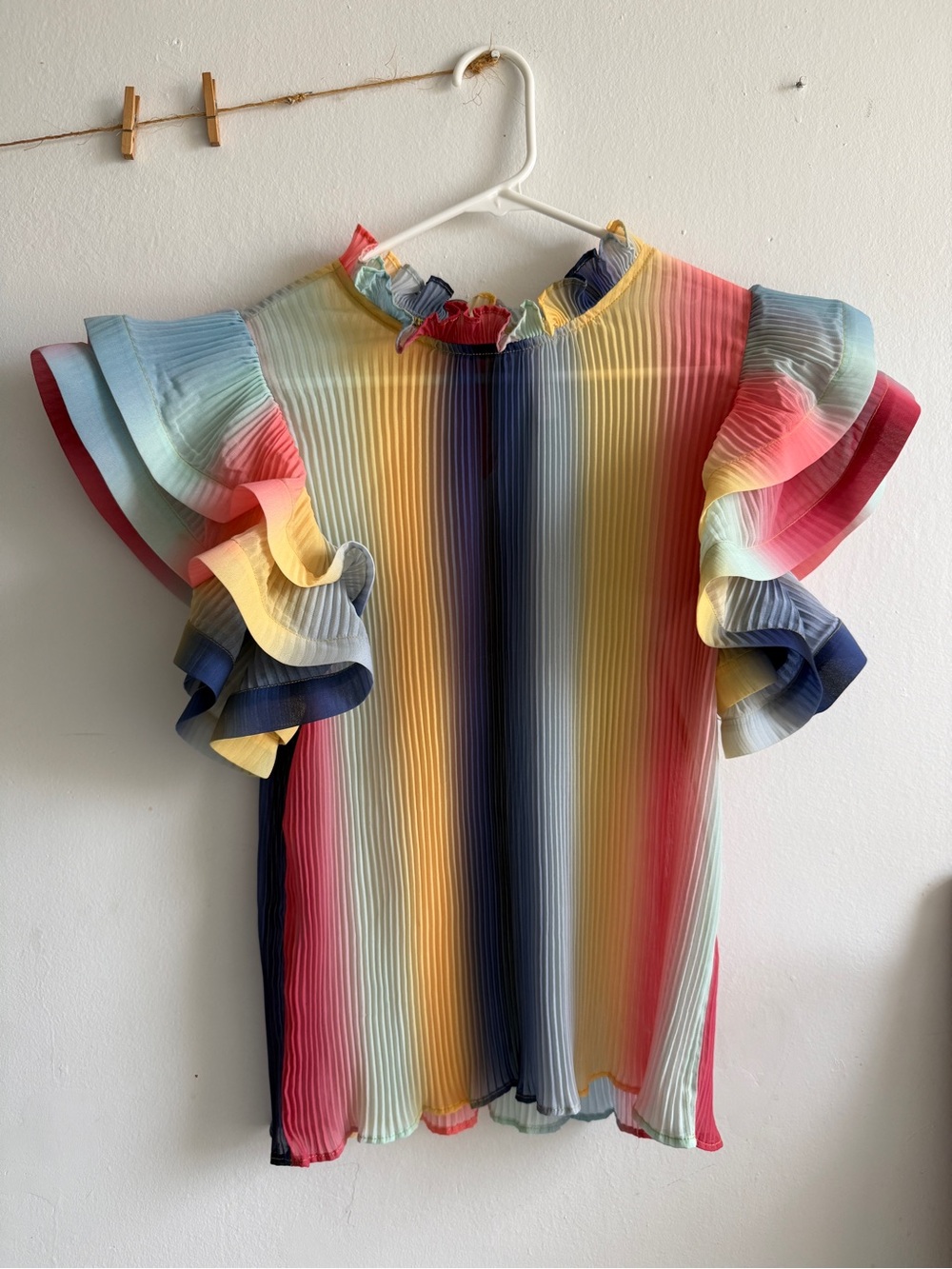 Rainbow Pleated Flutter Sleeve Top - Multicolor